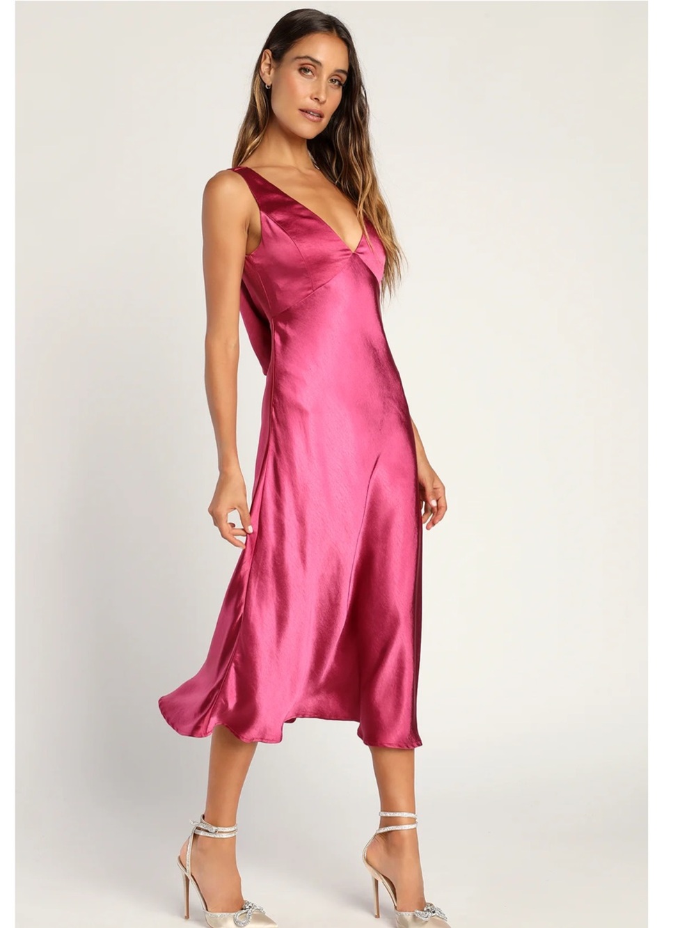 Lulus Incredible Love Magenta Satin Cowl Back V-Neck Midi Slip Dress XL - Picture 3 of 14